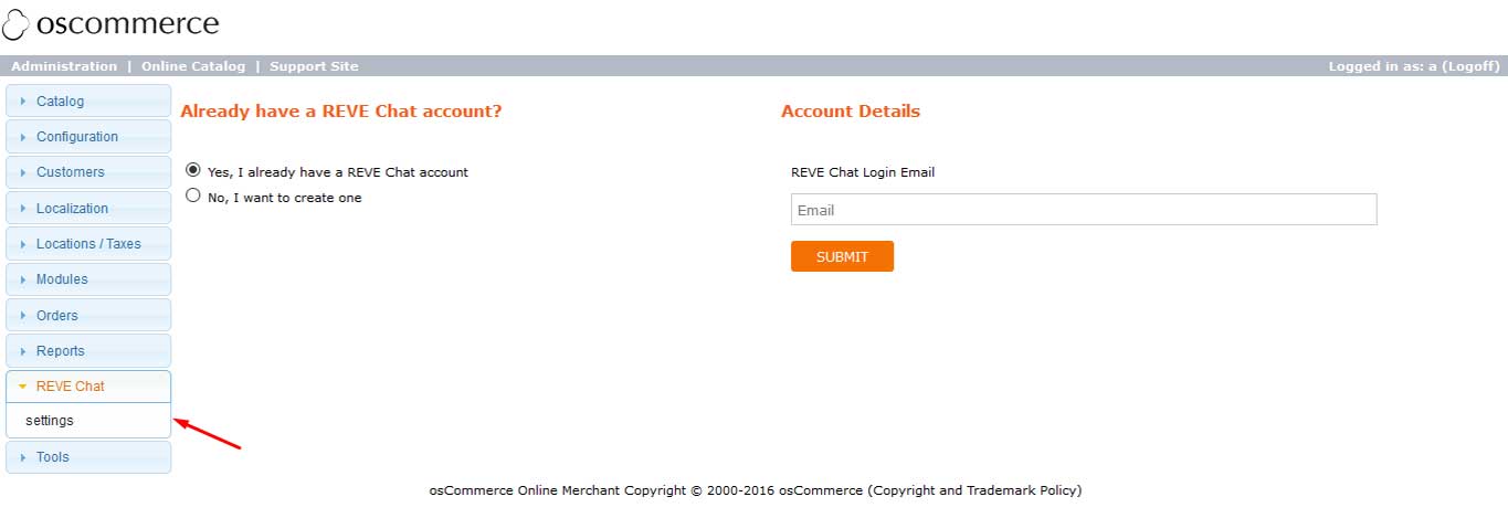 Reve Chat Integration with oscommerce: Step 2