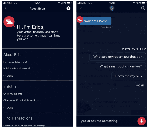 Erica - Chatbot of bank of America - conversational banking example